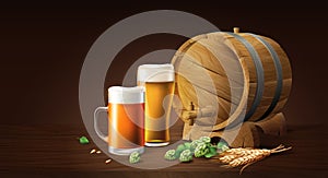 Lager beer in glass cup and wood barrel with wheat and hops, refreshing drink with white foam in 3d illustration