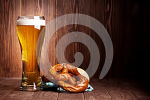 Lager beer glass and pretzel