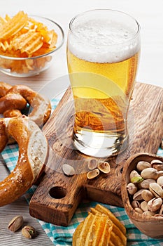 Lager beer and snacks