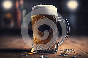 Lager of foamy col beer on wooden table