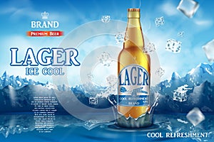 Lager light beer ads. Realistic premium beer in glass bottle on ice cubes and snow mountain background. 3d Vector