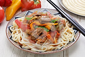 Laghman, hand pulled noodles dish with lamb meat and vegetables