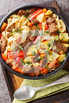 Laghman noodle soup from Uzbekistan made with beef chuck, tomato paste, vegetables and herbs closeup on the plate on the wooden