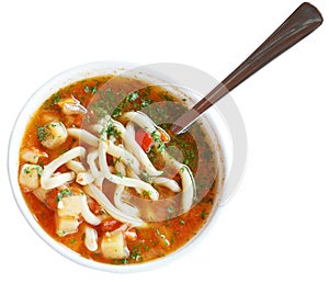 Laghman soup in white bowl isolated