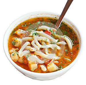 Lagman soup in white bowl isolated photo