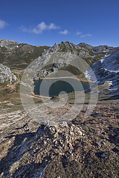 Lago de la Cueva at the end of winter. Saliencia lakes in the Somiedo Nature Park, Asturias, Spain photo