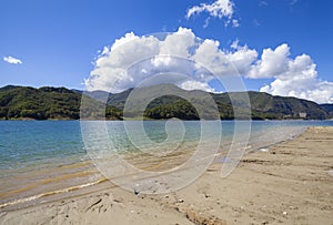 Lago Del Salto, in Lazio region (Italy), reflects the sky and greenery