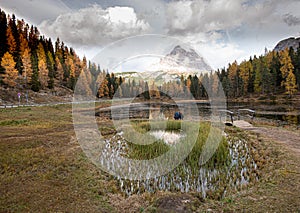 Lago di antorno lake and Tre cime di lavadero mountain reflection in autumn. Forest landscape South tyrol Italy