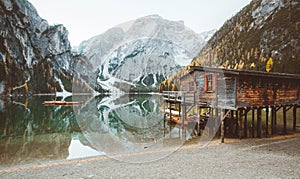 Lago di Braies in fall, Dolomites, South Tyrol, Italy photo
