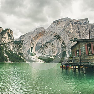 Lago di Braies in Fanes-Sennes-Braies Nature Park, Italy. Square crop photo