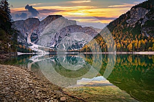 Lago di Braies lake in Dolomites at sunrise, Italy