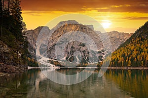 Lago di Braies lake in Dolomites at sunrise, Italy