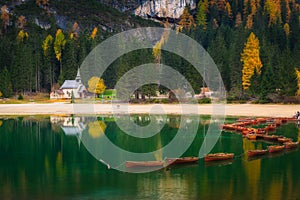 Lago di Braies lake in Dolomites at sunrise, Italy