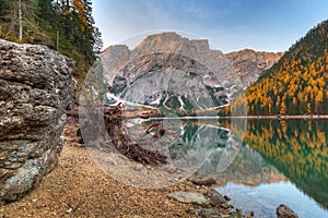 Lago di Braies lake and Seekofel peak, Dolomites. Italy photo