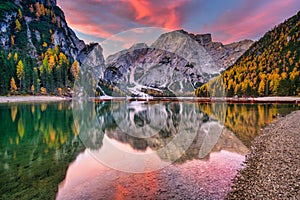 Lago di Braies lake and Seekofel peak at sunrise, Dolomites. Italy