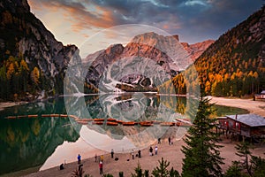 Lago di Braies lake and Seekofel peak at sunrise, Dolomites. Italy