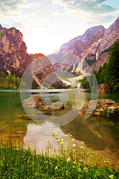 Lago di Braies Pragser Wildsee in Dolomites mountains.