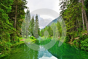 Lago di Braies Pragser Wildsee in Dolomites mountains