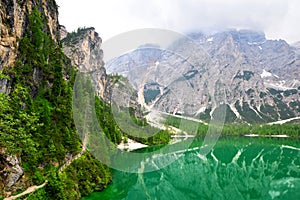 Lago di Braies Pragser Wildsee in Dolomites mountains