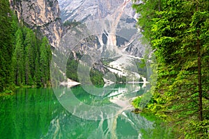 Lago di Braies Pragser Wildsee in Dolomites mountains photo