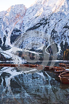 Lago di Braies Pragser Wildsee Drone autumn fall Italy Boats and reflection photo