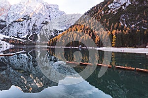 Lago di Braies Pragser Wildsee Drone autumn fall Italy Boats and reflection photo