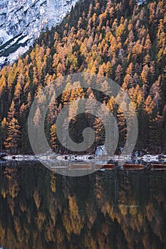 Lago di Braies Pragser Wildsee Drone autumn fall Italy Boats and reflection photo