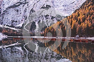 Lago di Braies Pragser Wildsee Drone autumn fall Italy Boats and reflection photo