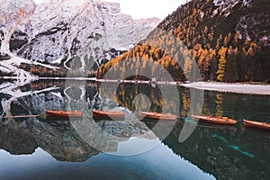 Lago di Braies Pragser Wildsee Drone autumn fall Italy Boats and reflection photo