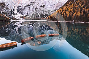 Lago di Braies Pragser Wildsee Drone autumn fall Italy Boats and reflection photo