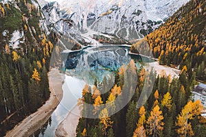 Lago di Braies Pragser Wildsee Drone autumn fall Italy Boats and reflection photo