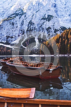 Lago di Braies Pragser Wildsee Drone autumn fall Italy Boats and reflection photo