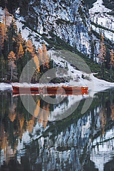 Lago di Braies Pragser Wildsee Drone autumn fall Italy Boats and reflection photo