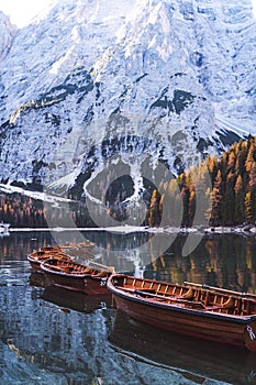 Lago di Braies Pragser Wildsee Drone autumn fall Italy Boats and reflection photo