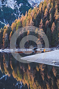 Lago di Braies Pragser Wildsee Drone autumn fall Italy Boats and reflection photo