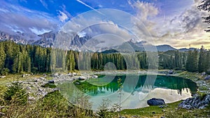 Lago di Carezza,Nestled at 1,519m, an alpine jewel with emerald waters photo