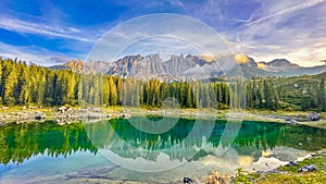 Lago di Carezza,Perched at 1,519m, an alpine treasure with emerald waters photo