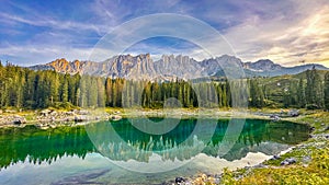 Lago di Carezza,Poised at 1,519m, an alpine marvel with emerald waters photo