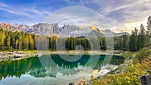 Lago di Carezza,Resting at 1,519m, an alpine wonder with emerald waters photo