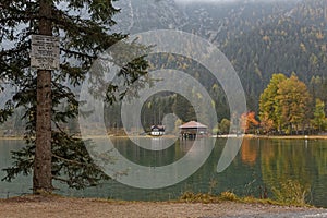 Lago di Dobiacco lakeshore in Dolomites mountains