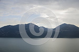 Lago di Iseo, Italy Lombardy. Lake panorama from ferry. Italian landscape. Lake Iseo, Italy.