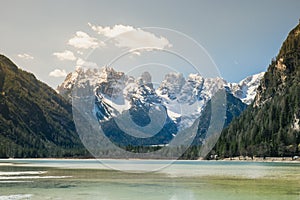 Lago Di Landro Lake and Mount at Dolomites, Italy photo