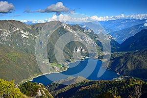 Lago di Ledro and its surrounding mountains. Fantastic view from Monte Corno. Trentino, Italy