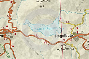 Lago di Pozzillo. Regalbuto. Map. The islands of Sicily, Italy