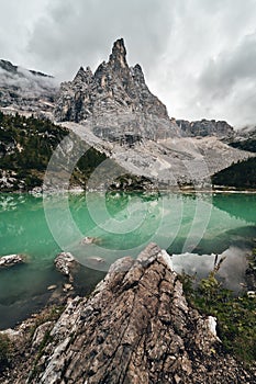 Lago di Sorapis, Lake Sorapis, Dolomites, Italy, Cloudy