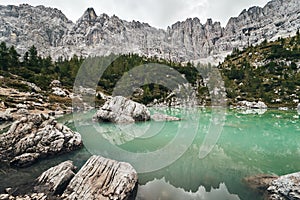Lago di Sorapis, Lake Sorapis, Dolomites, Italy, Cloudy