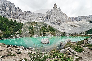 Lago di Sorapis, Lake Sorapis, Dolomites, Italy, Cloudy