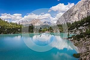 Lago di Sorapiss (Lake Sorapiss) - mountain 1925m altitude lake with unique turquoise color water in Belluno in Nothern