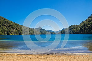 Lago Espejo Grande near Villa la Angostura in Neuquen Province, Argentina. Beautiful sunset on Lago Espejo Grande photo