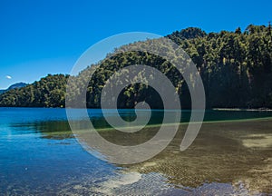 Lago Espejo Grande near Villa la Angostura in Neuquen Province, Argentina. Beautiful sunset on Lago Espejo Grande